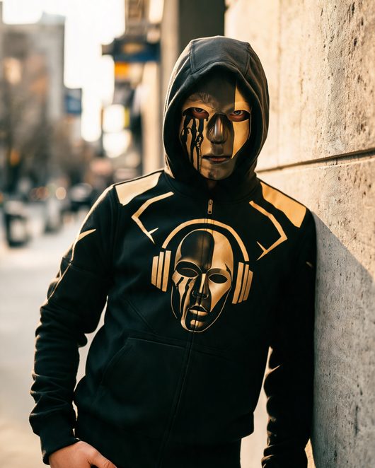 Finn Ominal in the split black-and-gold mask, leaning on a city wall in golden light