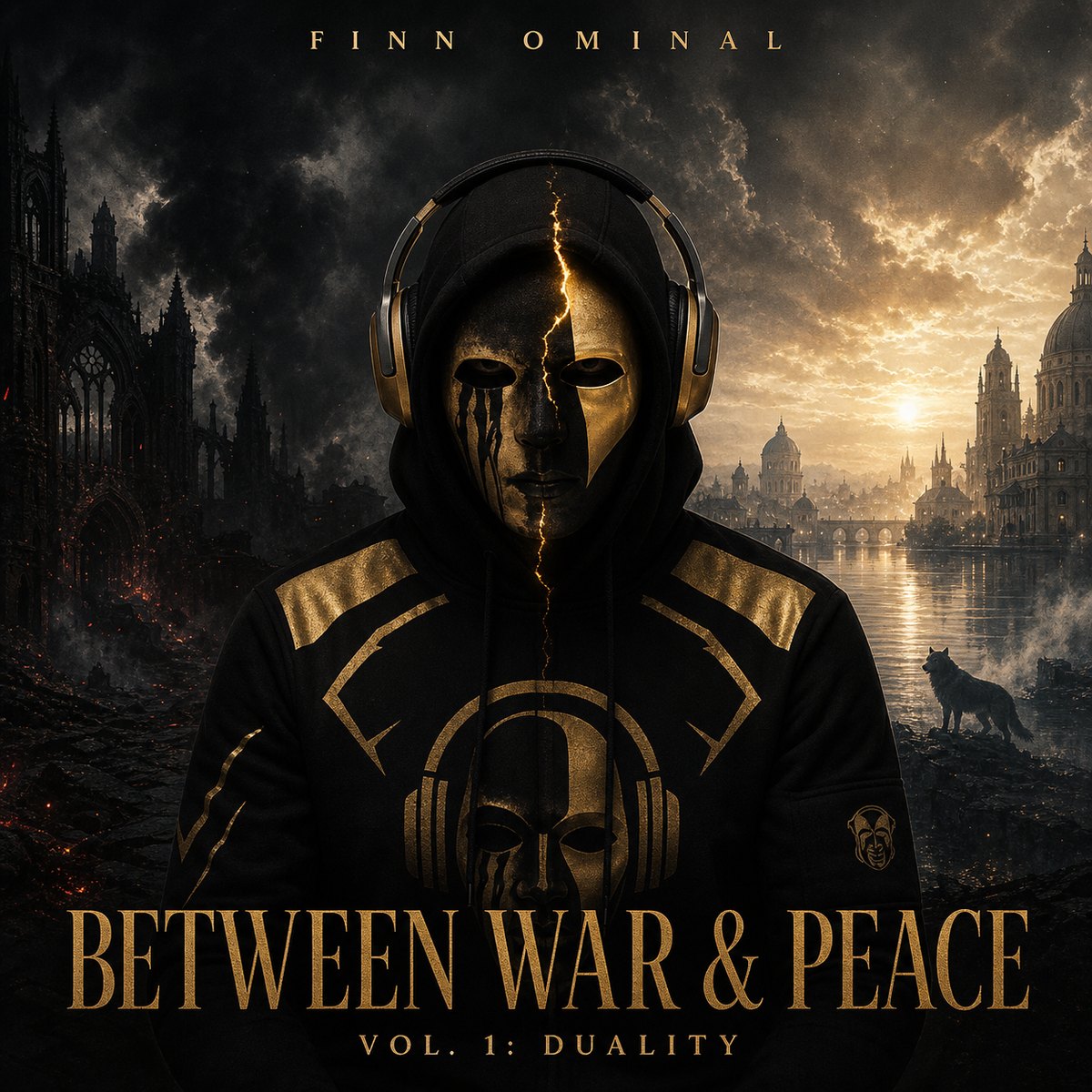 Between War & Peace, Vol. 1: Duality — album cover: Finn Ominal centered between a ruined black city and a golden dawn