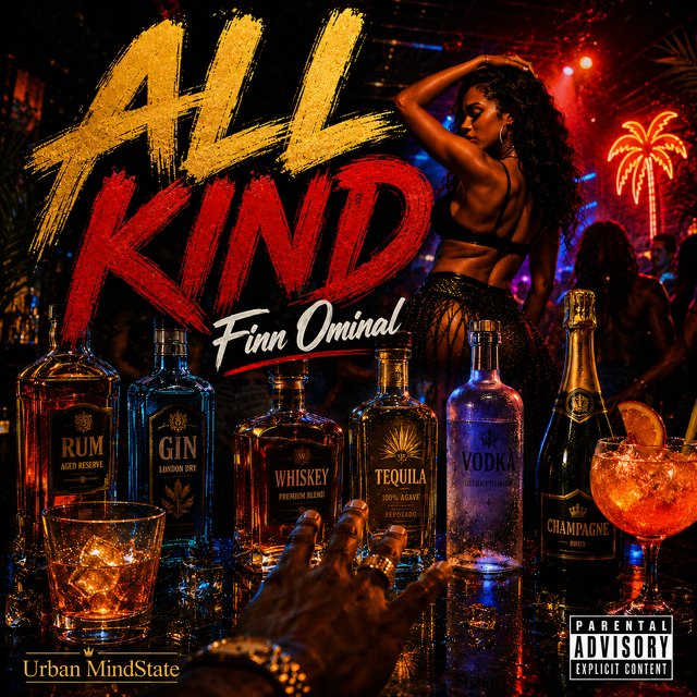 All Kind — single cover: a neon Caribbean nightclub bar lined with bottles